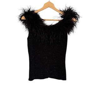 Vintage Jeffrey & Dara Evening Black Sparkly Feather Shoulder Trim Top size 10